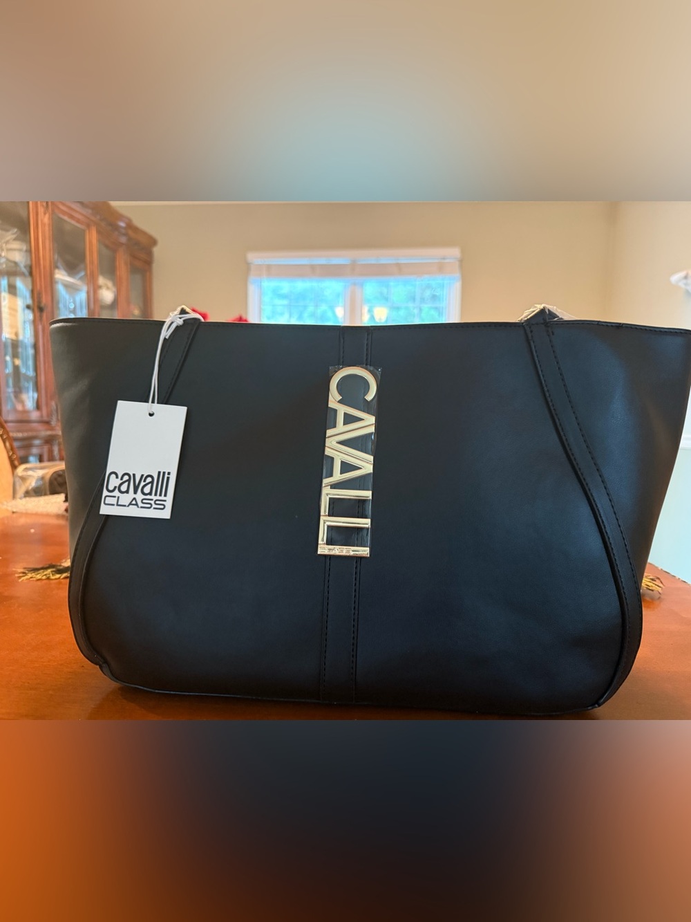 Cavalli Class Black Tote with Gold Vertical Logo